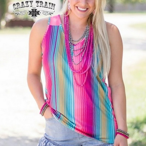 NWOT Crazy Train Serape neon tank top size small. Oversized Summer Cowgirl RODEO - Picture 1 of 8